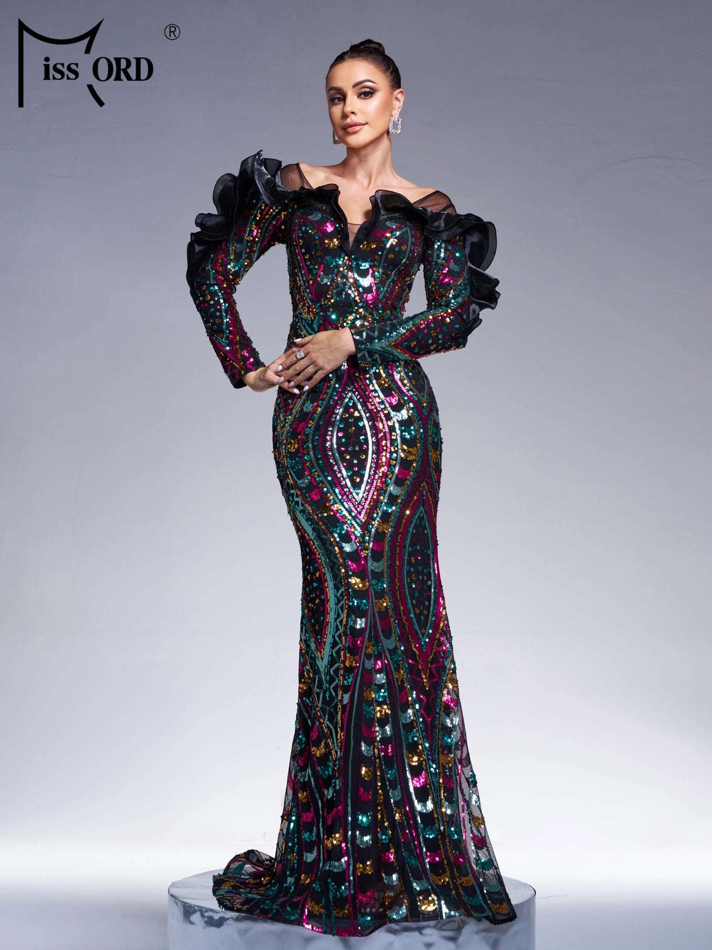Maxy New Black Church Off Shoulder Sequin Geometric Mermaid Evening Cocktail Wedding Birthday Party Formal Occasion Dress