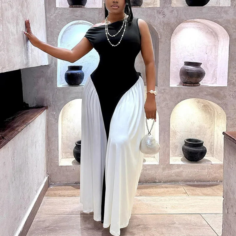 Maxy Women's Black and White Color Spliced Irregular Dress, Diagonal Collar, Short Sleeve, High Waist, Sexy