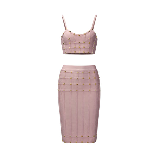 Maxy Women Studded Bandage Outfits Camisoles and High Waist Knee Length Skirt Elastic High Street Two Piece Sets Evening Club Dresses