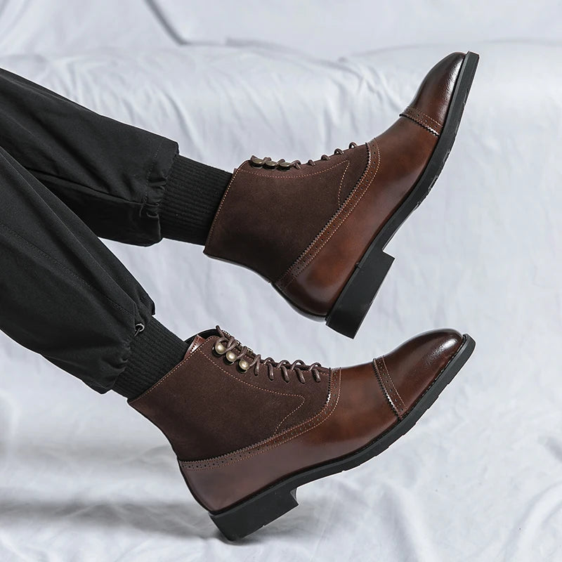 Amay Chelsea Men's Winter Dress Business Formal Casual Brogue Italian Designer Shoes Black Split Leather Ankle Boots Footwear For Men