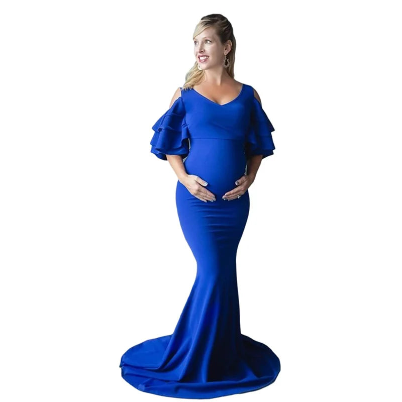 Maxy Maternity Long Dress Ruffles Off Shoulder Stretchy Sleeveless Pregnancy Dresses Slim Fitted Gown Photography Dress