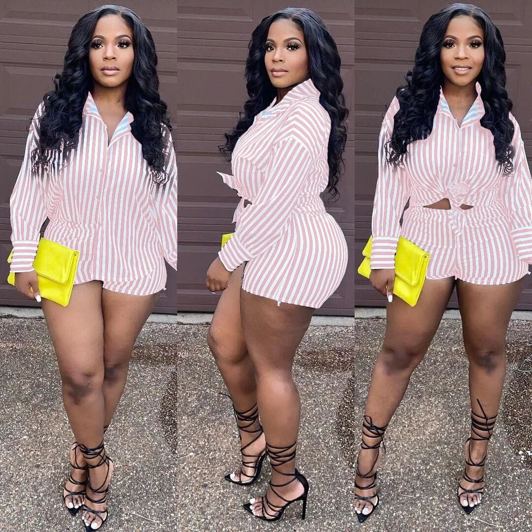 Maxy Summer Fashion Sporting Women set Striped Print Button Shirt Top Skinny Shorts Suit Two Piece Set Elegant Tracksuits