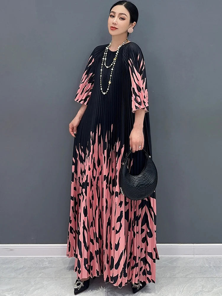 Maxy SHENGPALAE Hundred Pleated Printed Long Dress With Round Neck Summer New Half Sleeves Elegant Ladies Flare Dresses 5R9757