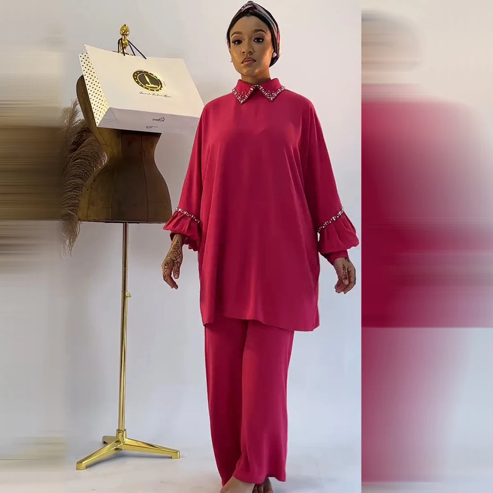 Maxy African Women's Spring Summer Long Sleeved Shirt collar Loose Top High Waist Long Pants Hot Diamond Casual Two 2 Pieces Set 2025