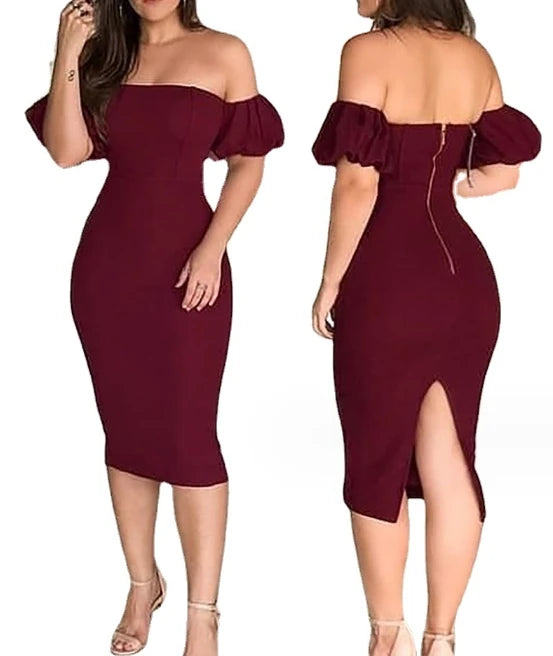 Maxy Dresses for Women 2024 Summer Wine Red One Shoulder Bubble Sleeve Tight Fitting Dress Backless Zipper Design Elegant Party Dress