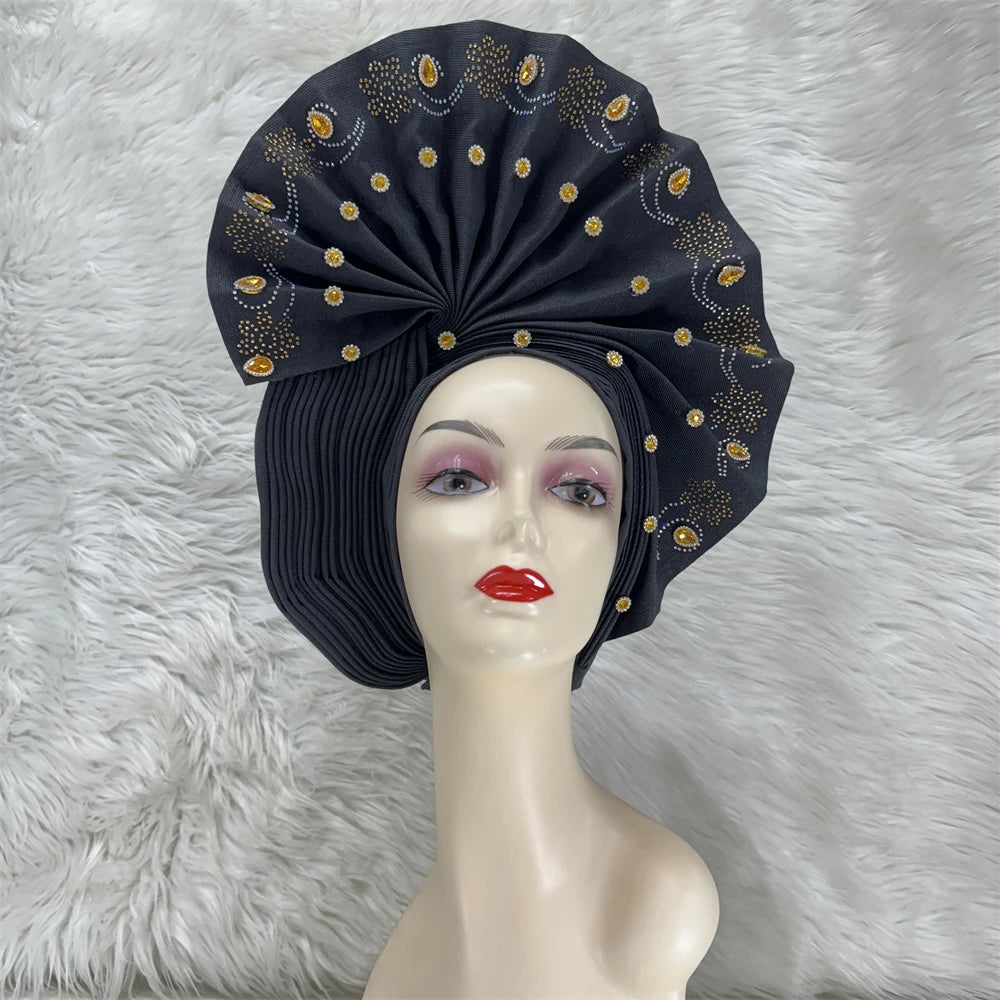 Maxy Luxury African Women’s Sego Head tie Crystal Stone Aso Oke Gele Aso Ebi Already Made Headtie Turban Cap Women Head Wear