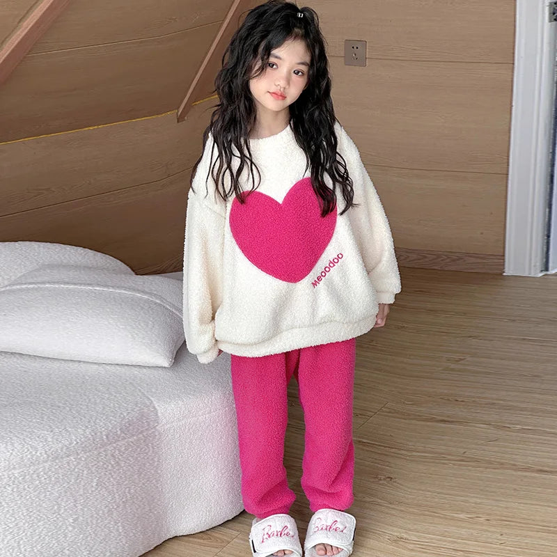 Babs Heart Print Graphic Plush Girls Pajamas for Children's Pajamas Christmas Autumn Winter Sleepwear Set Warm pajama Girl Loungewear