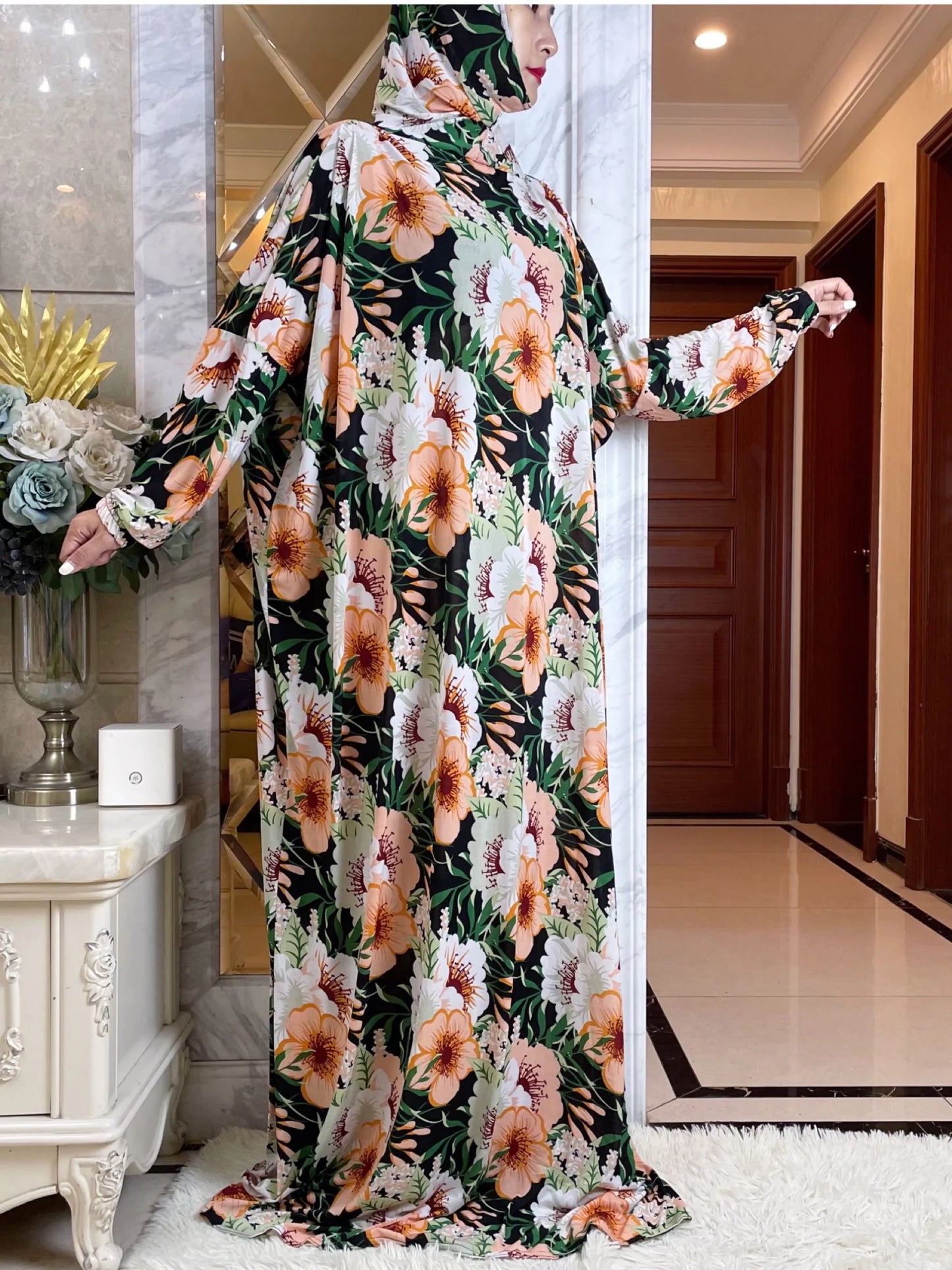 Maxy Ramadan Abaya Muslim Women, Hooded Turkey Dress, African Prayer Garment, Dress, High Elastic Comfort Fabric, Floral Prints Rob