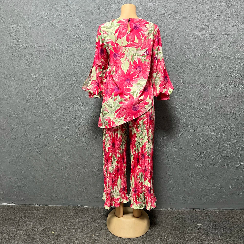 Maxy Women Elegant Printed Two Piece Matching Sets Fashion Long Sleeves Dashiki Tops And Wide Leg Pants Suits African Female Outfits