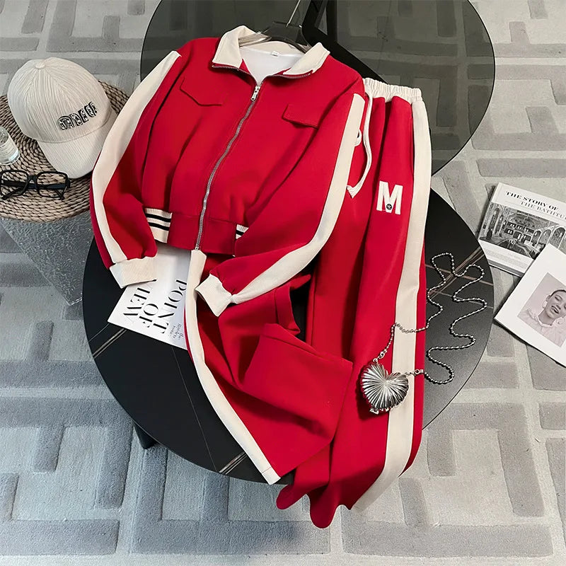 Winter Fashion Letter Jacket Pants Two Piece Set For Women Korean Stand Collar Zipper Coat Casual Trousers Suit Female Tracksuit