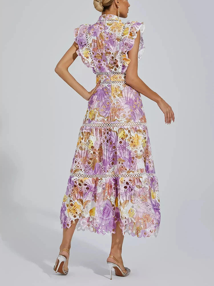 Maxy Colorblock Hollow Out Temperament Dress For Women Stand Collar Flying Sleeve High Waist Slim Dress Female Fashion