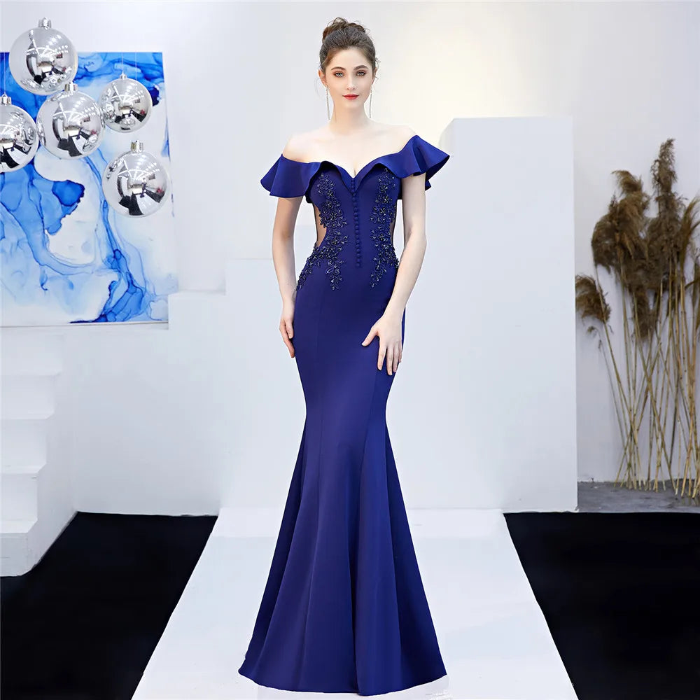 Maxy Customized Women's Elegant V Neck Floral Ruffle One Shoulder Evening Formal Maxi Gown Mermaid Bodycon Party Prom Wedding Dress