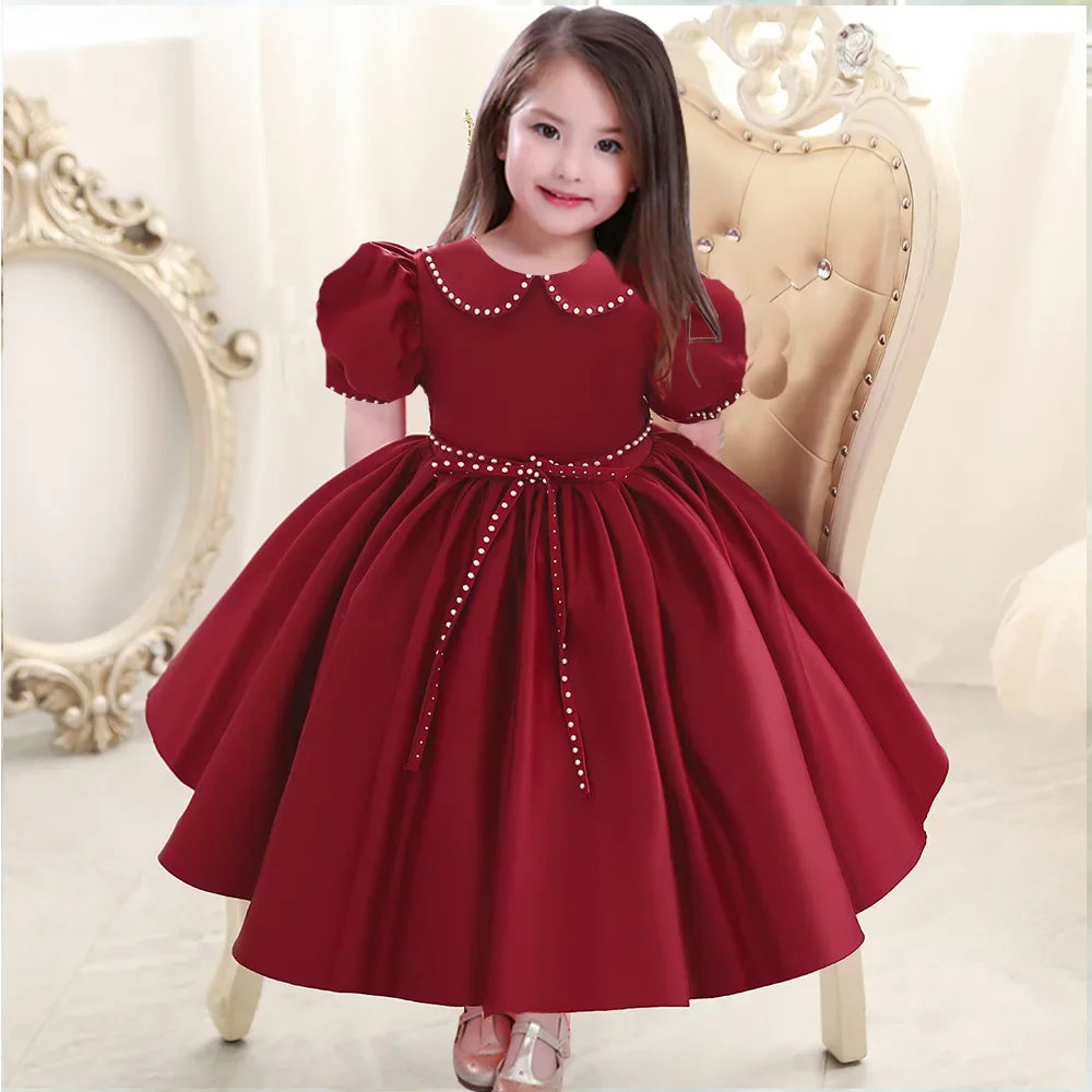 Maxy Flower Girl Vintage Dress Children Formal Red Ball Gown Kid Lace Long Evening Bridesmaid Prom Dresses for Wedding Party