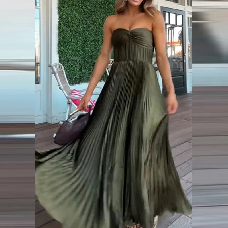 Maxy Summer High Waist Vacation Long Dress Leisure Sleeveless Backless Swing Evening Dress Female Elegant Solid Color Draped Dresses