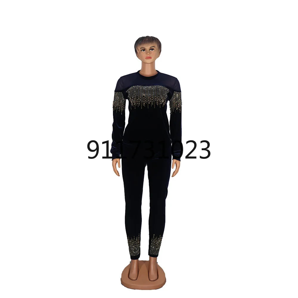 Maxy African Clothes for Women Spring and Autumn African Women Long Sleeve Black Two Pieces Sets Top and Pant African Clothing