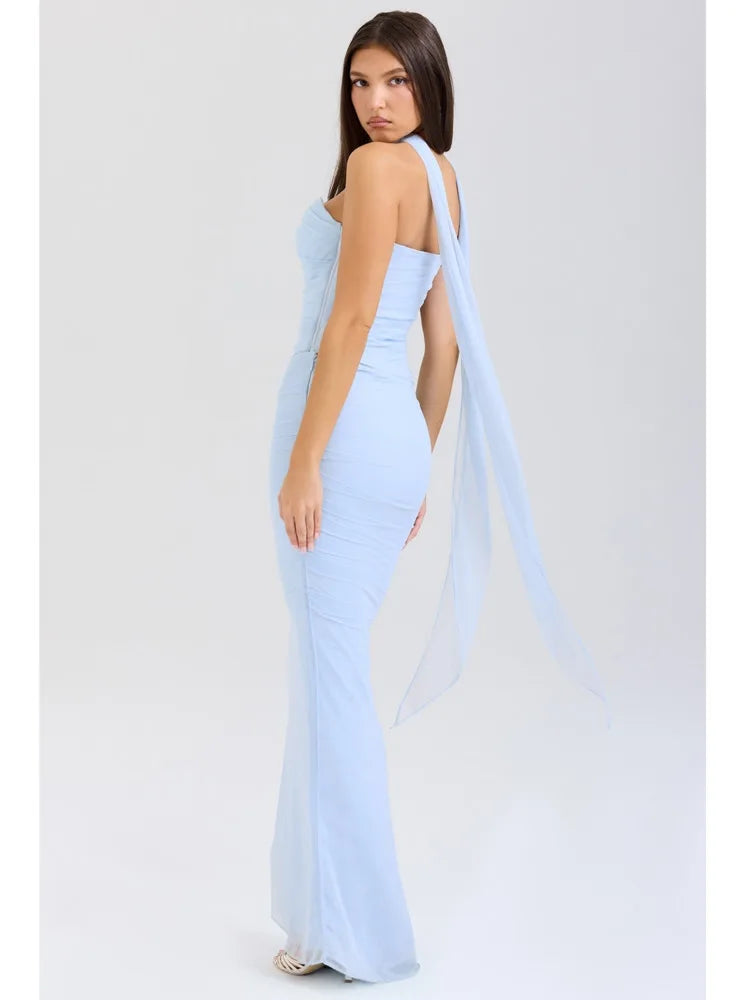 Amay Articat Elegant Mesh Patchwork Women's Suit Strapless Top Vest Slim Fit Long Skirt Two-piece Set Temperament Party Evening Dress