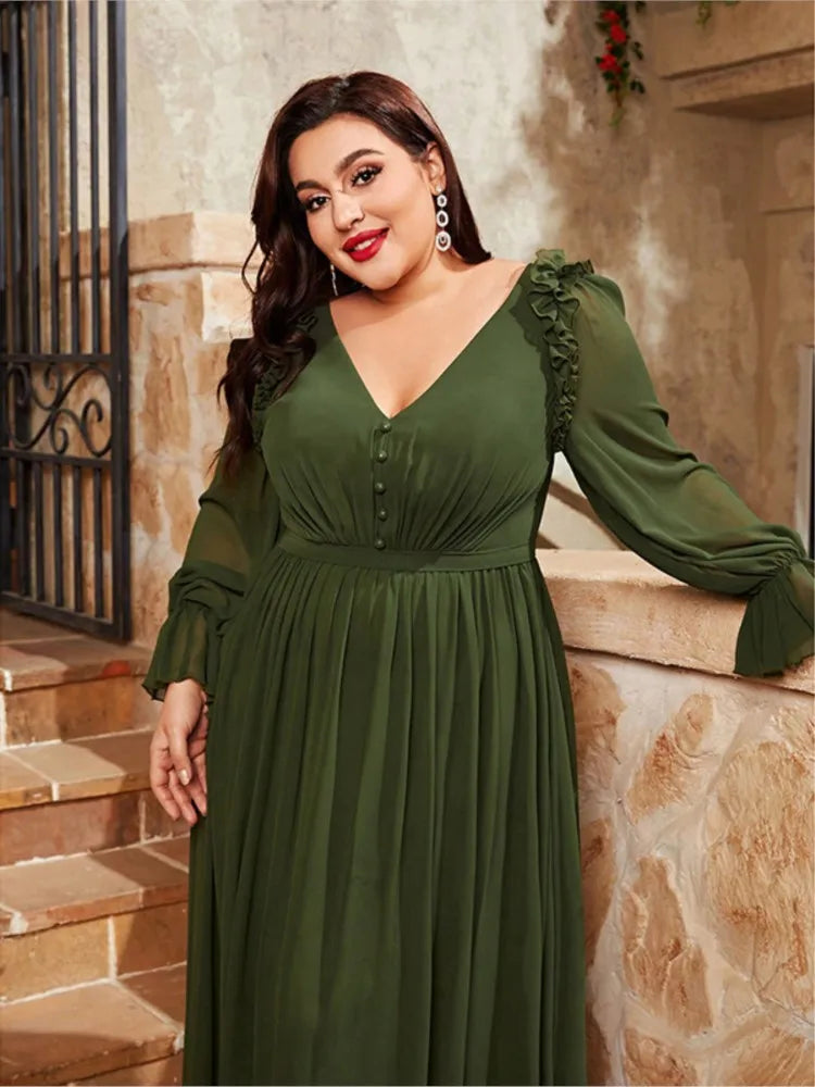 Maxy Plus Size Autumn V-Neck Long Dress Women Ruffle Pleated Fashion Loose Ladies Dresses Long Sleeve See Through Woman Dress