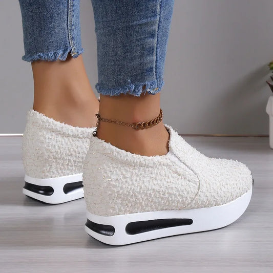 Maxy Elevated Inner Casual Sneakers Women Thick Soles Single Shoes Shallow Cut Round Toe Single Shoes Fashion Gold Riband Shoes