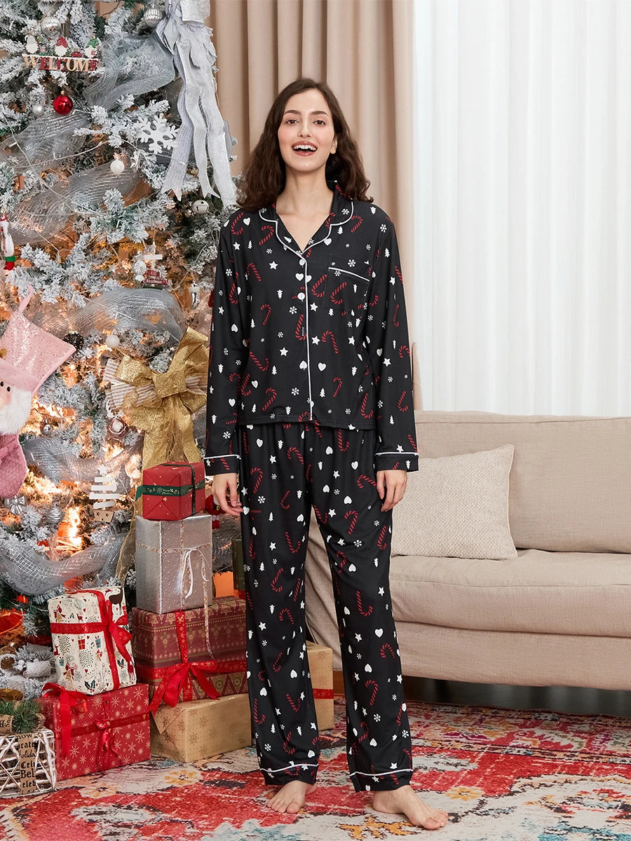 Maxy Women’s 2 Piece Christmas Max Pajama Set Long Sleeve Graphic Print Button Up Shirt + Pants Set Winter Sleepwear