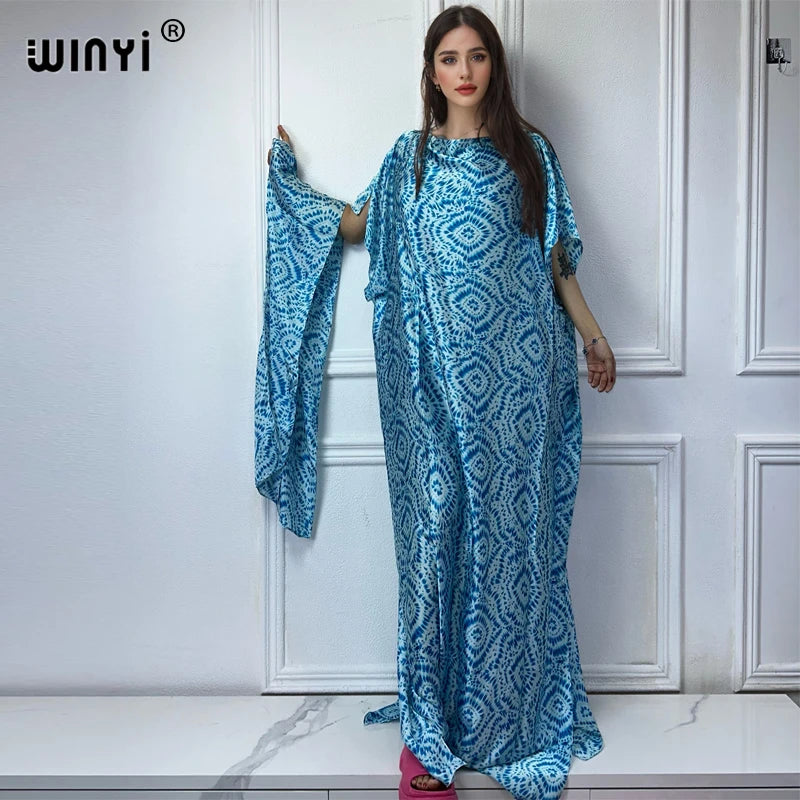 Maxy Muslim African dresses turkey dresses for women luxury Crew Neck Tie-dye print Kaftan Dress, Elegant Length Dress
