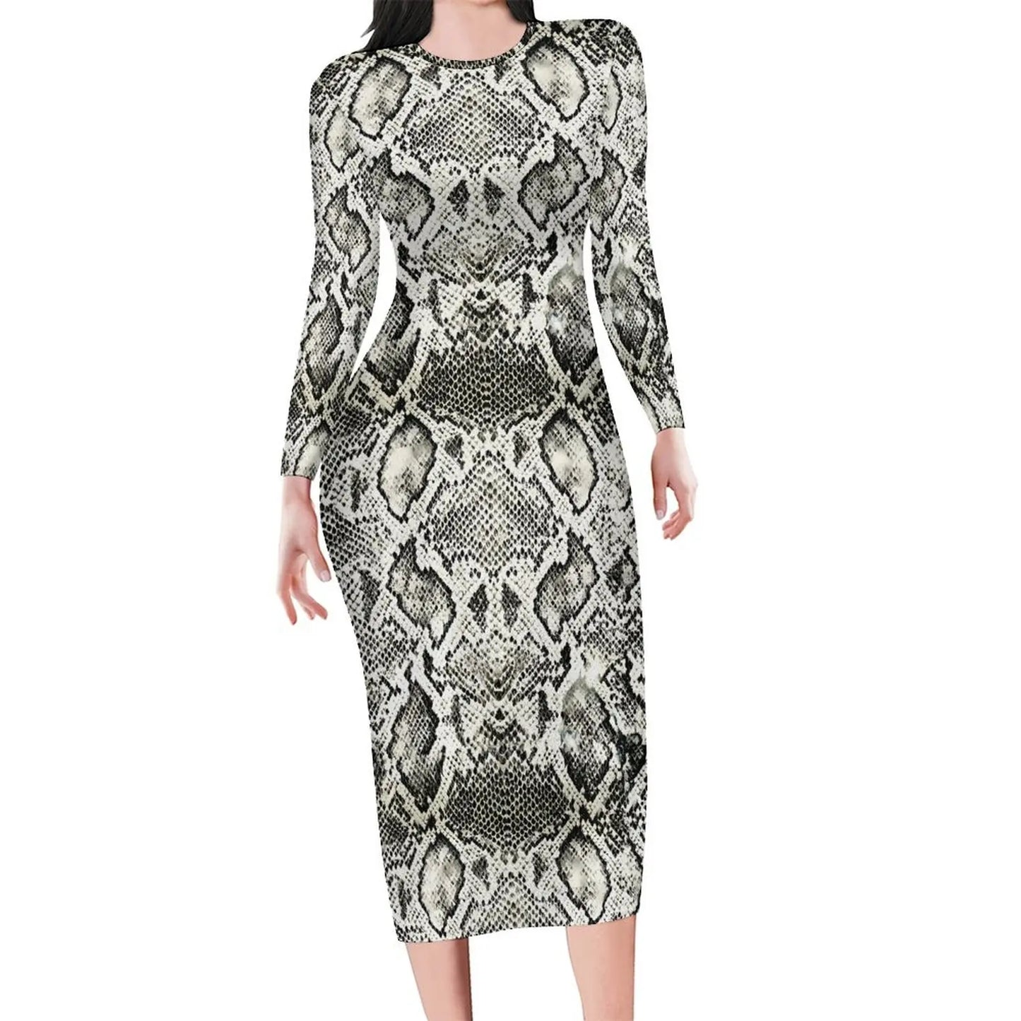Amay Snakeskin Bodycon Dress Ladies Pink Snake Print Kawaii Dresses Autumn Long Sleeve Street Fashion Custom Dress Big Size 4XL 5XL