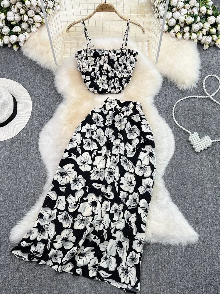 Maxy Summer Floral Print Two Pieces Set Women Fashion Elegant Casual Fold Sleeveless Tops And Long Skirt Sexy Slim 2 Piece Sets