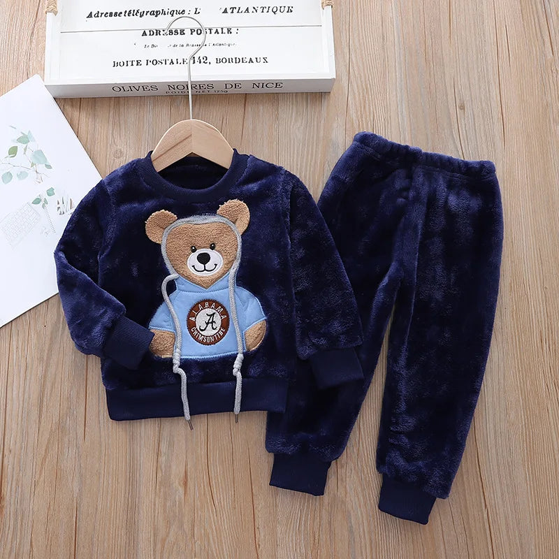 Babs Boy Clothing Set Autumn and Winter Velvet Thick Warm Casual Hooded Sweater Cartoon Cute Bear 3Pcs Toddler Girl Clothes Suit