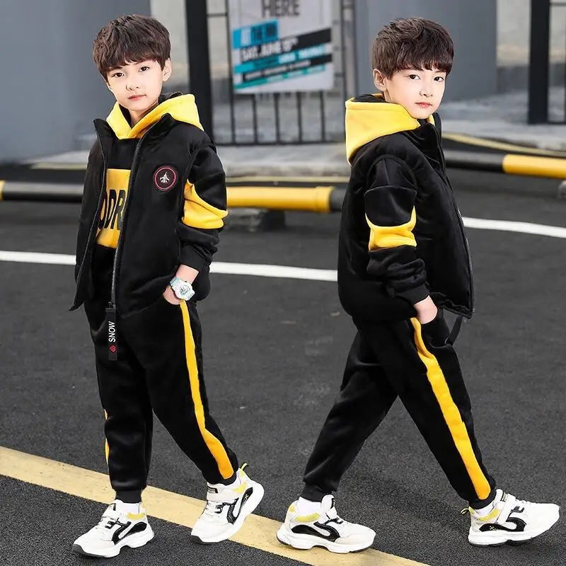 Maxy New Winter Boys Tracksuit Autumn Toddler Teenager Clothes Vest Velvet Jacket + Sweatishrt Hooded + Pant Children Kids 4 12 Year