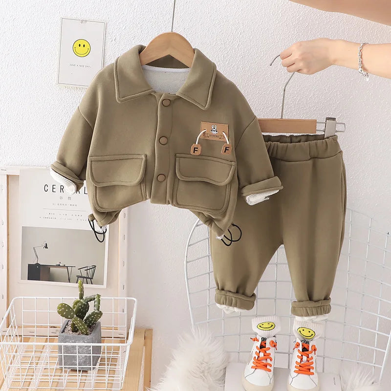 Toddler Outfits Autumn Winther Clothes for Kids Casual Flip Collar Plush Velvet Long Sleeve Coats and Pants Two Piece Boys' Set