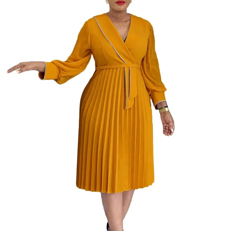 Maxy Elegant A-line Dress Women's Luxury V-neck Long Sleeved Pleated Mid Waist African Fashion Women's Birthday Party Dresses