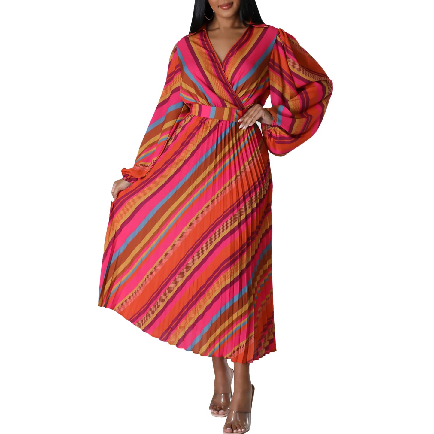 Women Printed Dress Pleated V Neck Long Lantern Sleeves Midi Length Female Gowns Elegant Modest African Office Ladies Work Wear