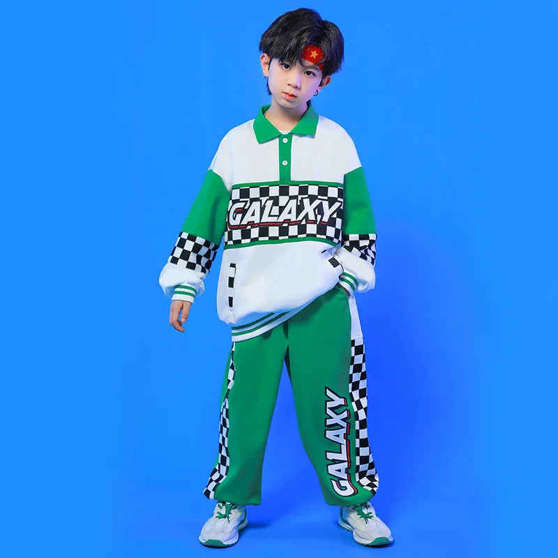 Maxy Kid Hip Hop Clothing White Green Polo Sweatshirt Checkered Casual Jogger Sweat Pants for Girl Boy Clothes Outfits