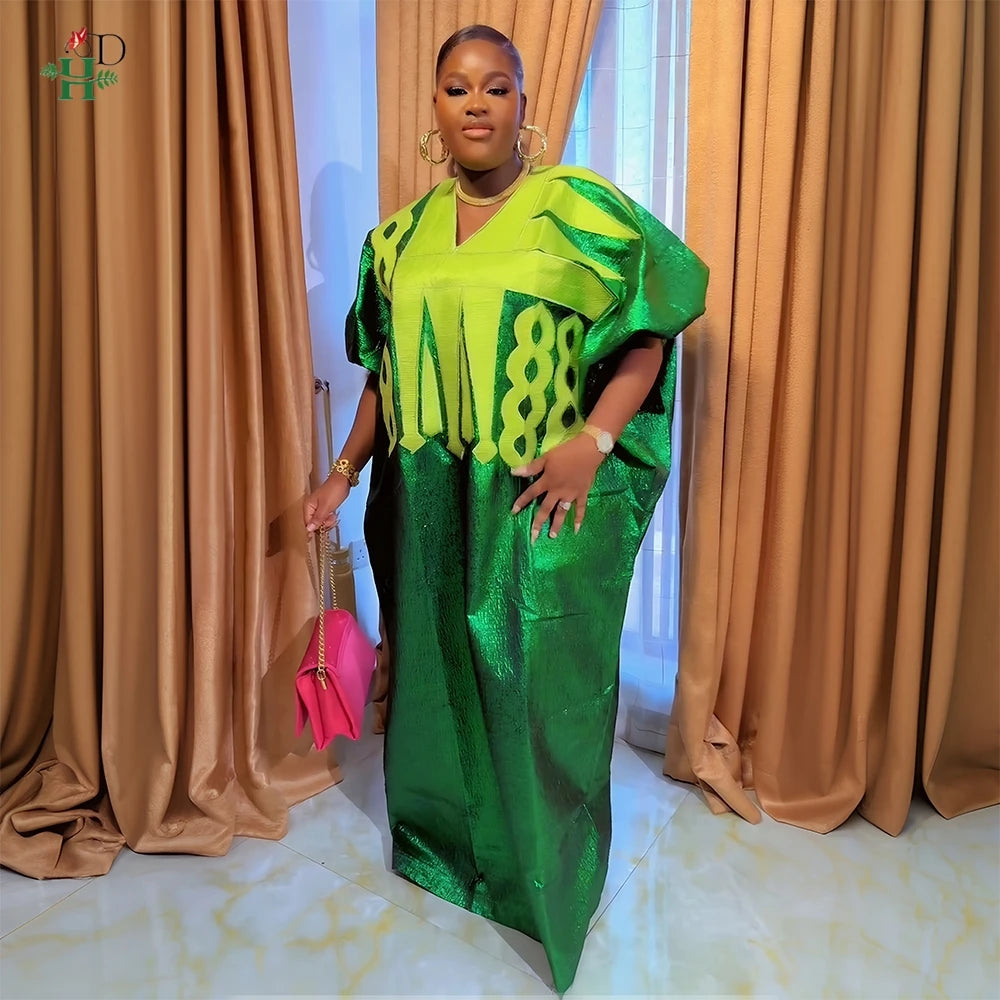 Maxy New Elegant African Women's Plus Size Kaftan Embroidery Dress V Neck Short Sleeve For Parties Cultural Events and Casual Outings