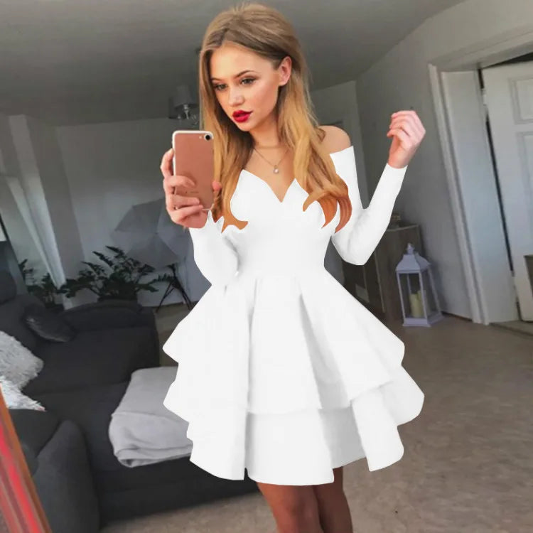 Maxy European American New Women's Cross-border Shoulder Dress Sexy and Elegant Deep V-neck Long-sleeved Princess Evening Dresses