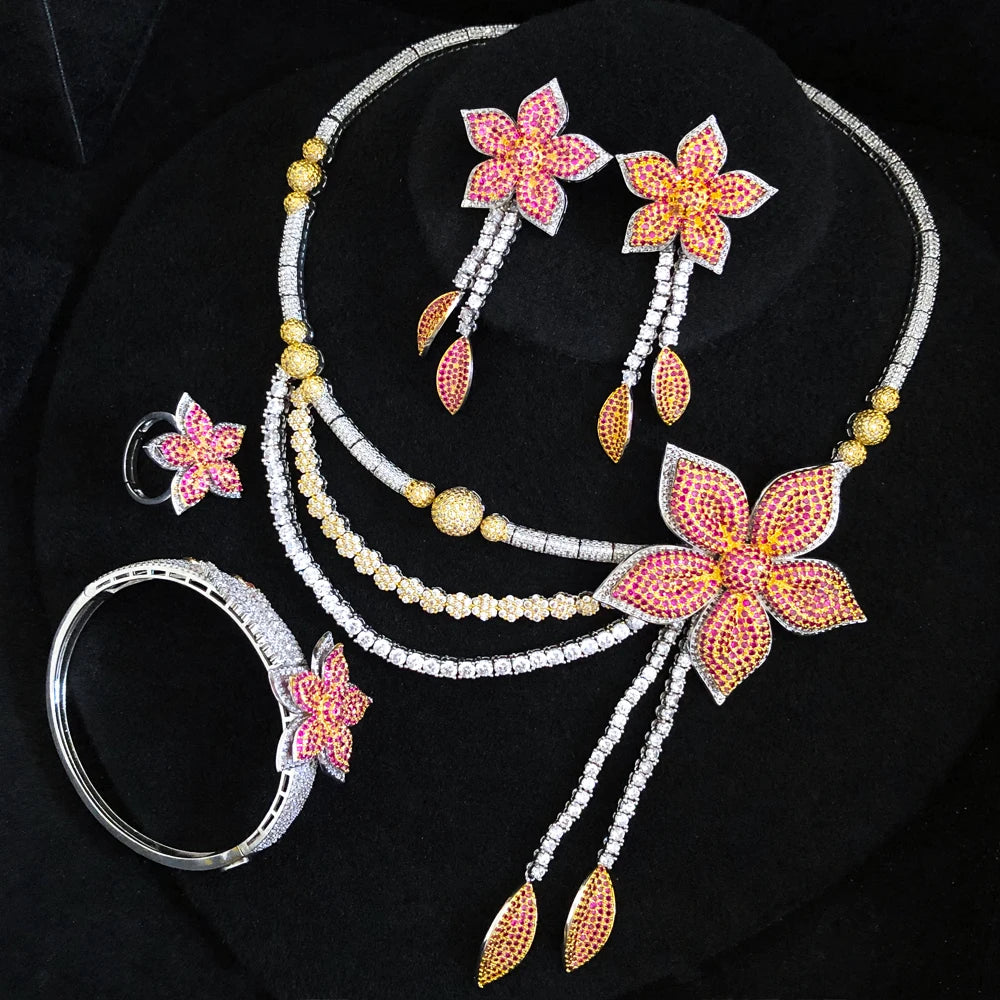 Amay Flower Tassel 4Pc African Jewelry Set for Women Wedding Luxury Indian Dubai Jewelry Set Cubic Zirconia Bridal Jewelry Sets
