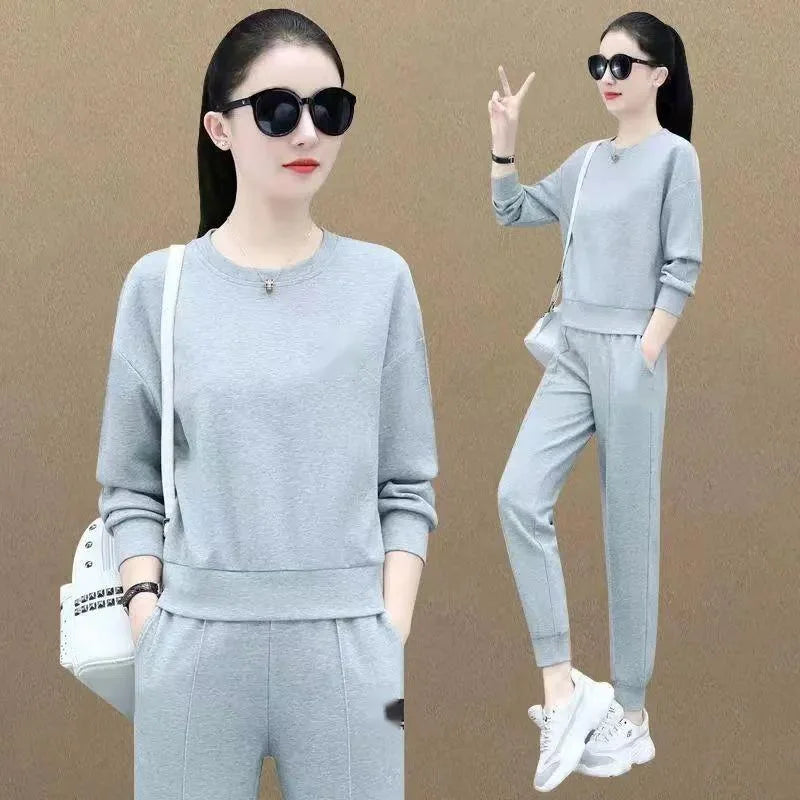 Maxy Round Necked Sports Suit For Women In Spring And Autumn New Fashion Korean Long Sleeve Crop Top And Pants 2 Two Piece Set