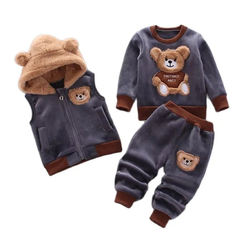 Babs Boy Clothing Set Autumn and Winter Velvet Thick Warm Casual Hooded Sweater Cartoon Cute Bear 3Pcs Toddler Girl Clothes Suit