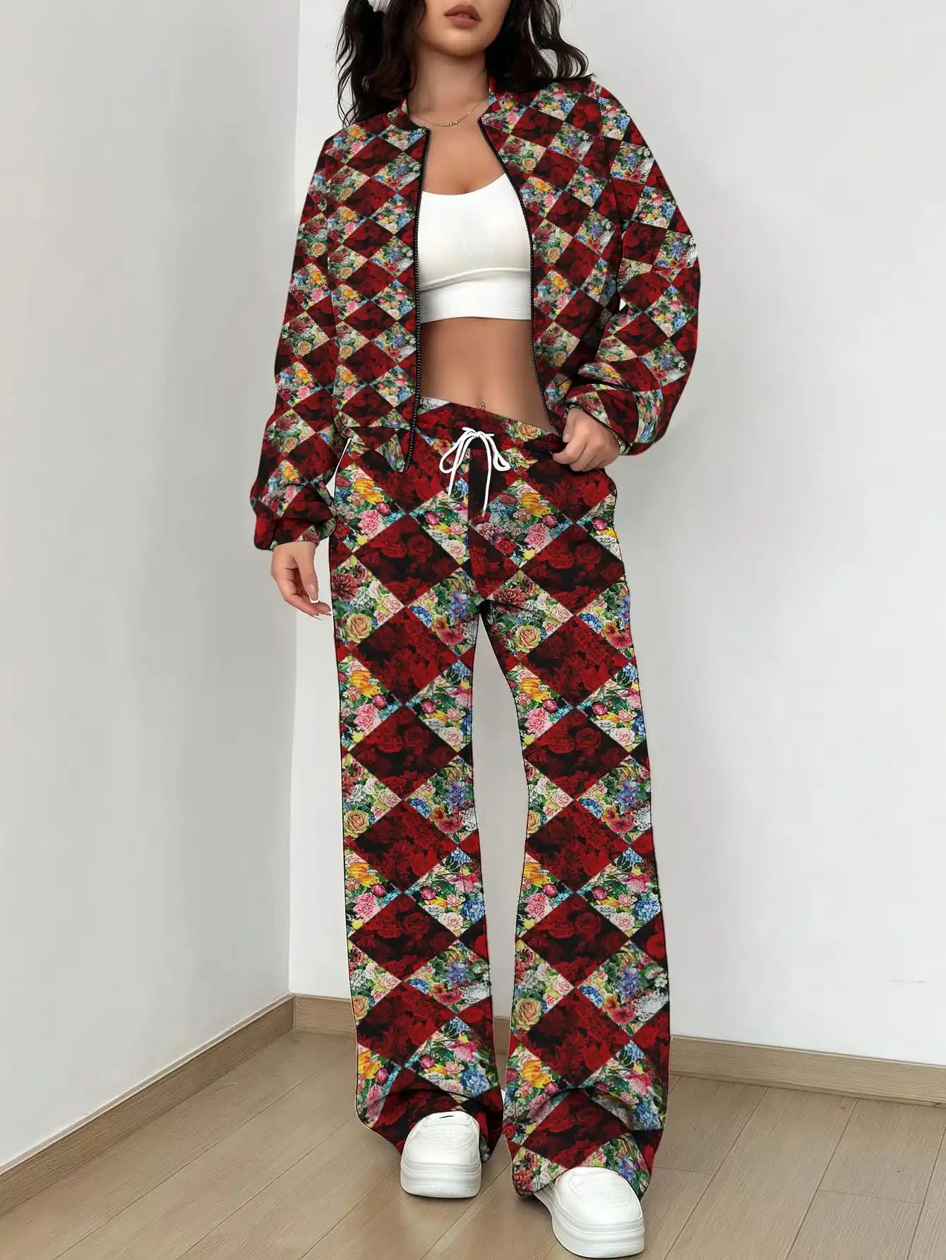 Maxy French Retro Floral Long Sleeved Zipper Jacket and Pants Set, Gentle and Stylish Two-piece Set
