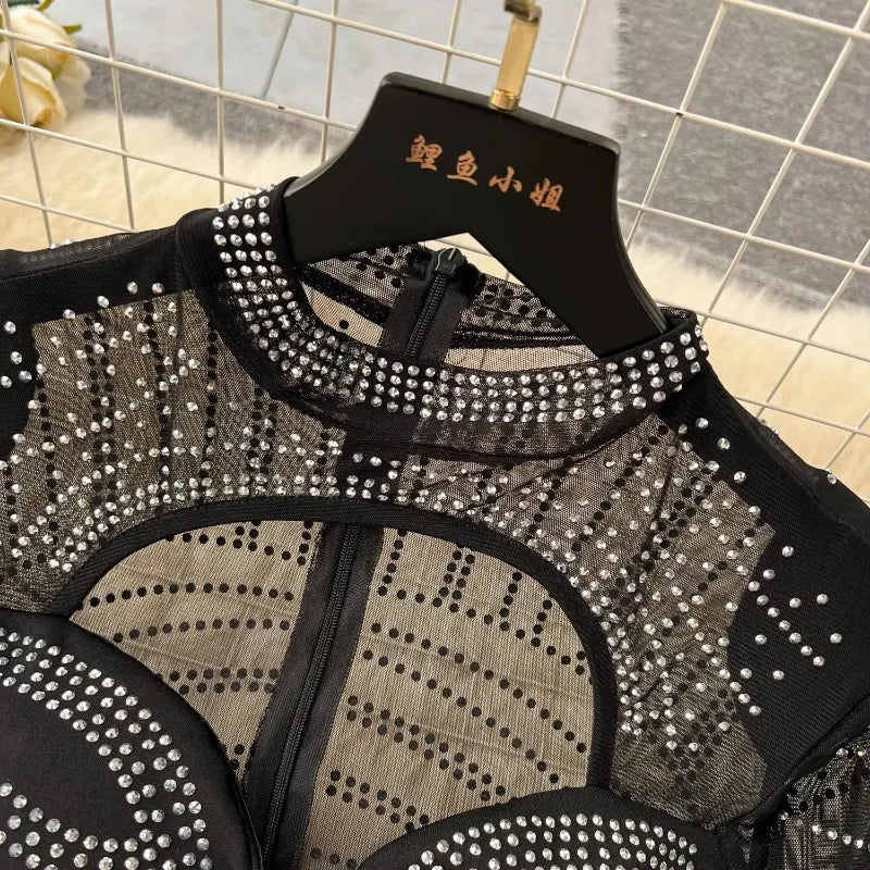 Amay Chic Elegant Long Sleeve Stand Collar Rhinestone Mesh Hollow Out Dresses High Waist Evening Party Women Autumn Ceremonial Dress