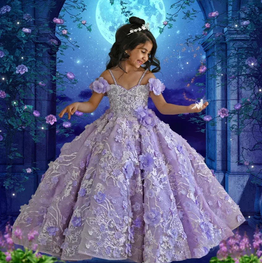 Maxy Lavender Flower Girl Dresses for Wedding Floral Appliques Bead Floor Length Girl Kids Birthday Party First Holy Communion Gowns