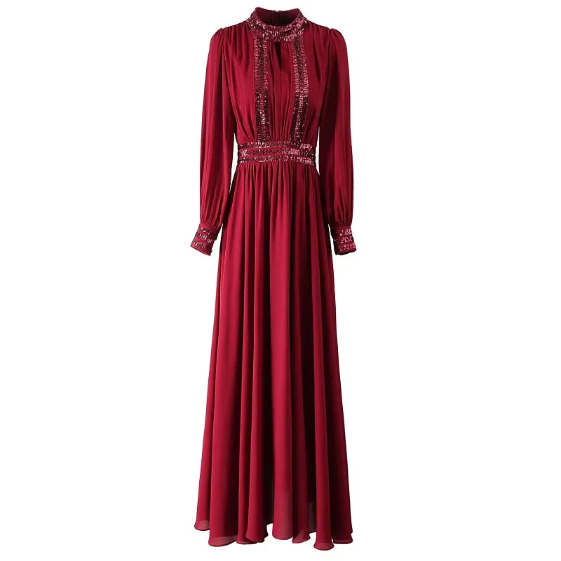 Amay CHICEVER Patchwork Sequined Formal Dresses for Women Stand Collar Hollow Out Long Sleeve High Waist Celebration Dresses Female