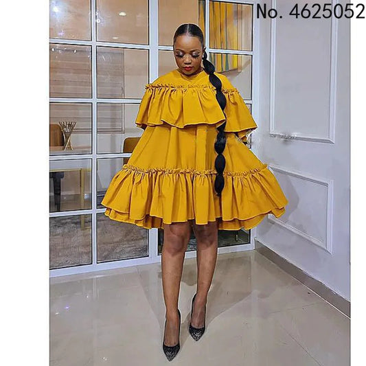 Maxy Summer Elegent African Women Half Sleeve Yellow O-neck Polyester Butterfly Sleeve Dress African Dresses for Women S-3XL