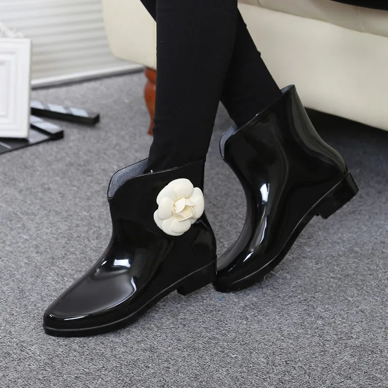 Maxy Women Flower Bowtie Ankle Boot Winter Rain Boots Female Waterproof Solid Rubber Platform Rain Shoes Ladies Footwear