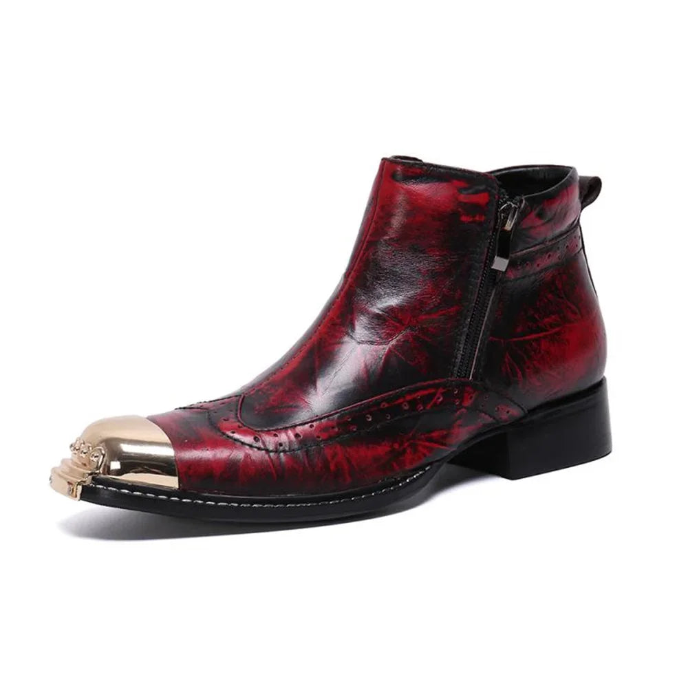 Visco Red Printing Wit Gold Metal Zipper Genuine Leather High Heels Pointed Toe Boots Male Plus Size Fashion Party Wedding Dress Shoes