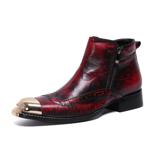 Visco Red Printing Wit Gold Metal Zipper Genuine Leather High Heels Pointed Toe Boots Male Plus Size Fashion Party Wedding Dress Shoes