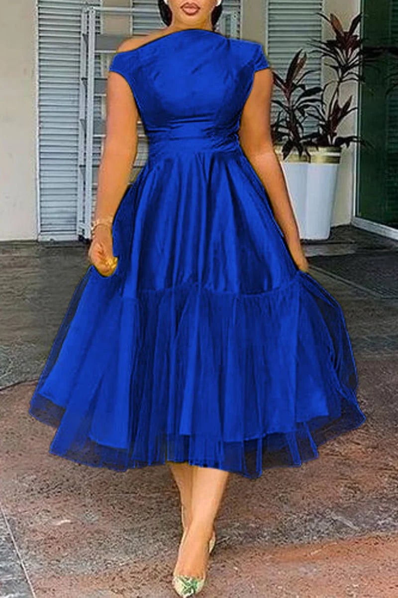 Maxy Plus Size Elegant A-line Tulle Midi Dress for Women Off The Shoulder Party Club Wedding Guest Prom Dresses Midwaist Dress