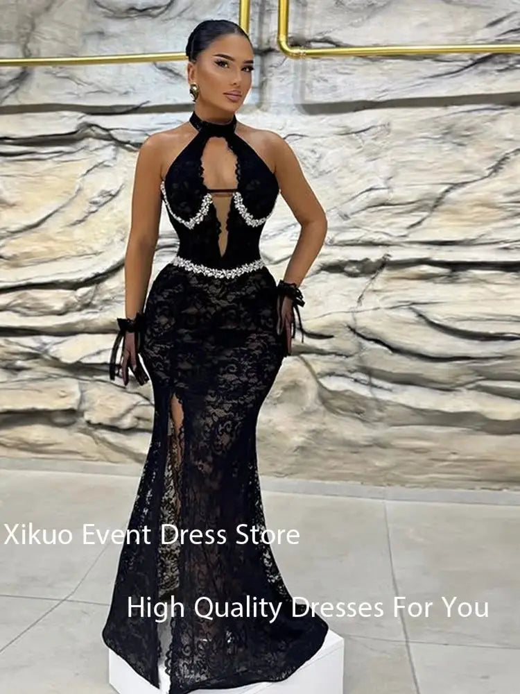 Maxy Graceful Black Lace Evening Dresses Mermaid Crystal Pleated Party Gowns Appliques High Side Slit Robe De Soirée Customized
