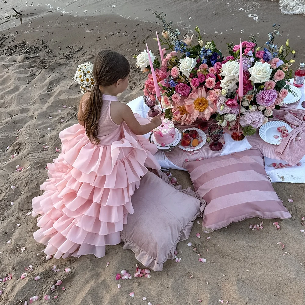 Maxy Princess Flower Girl Dress For Wedding Light Pink Layered Ruffles Sleeveless Child First Eucharistic Birthday Party Dress