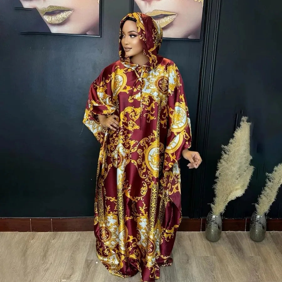 Maxy Elegant Dresses for Women Muslim Fashion Print Boubou Dashiki Ankara Outfit Evening Gown Abayas Kaftan Hooded Robe