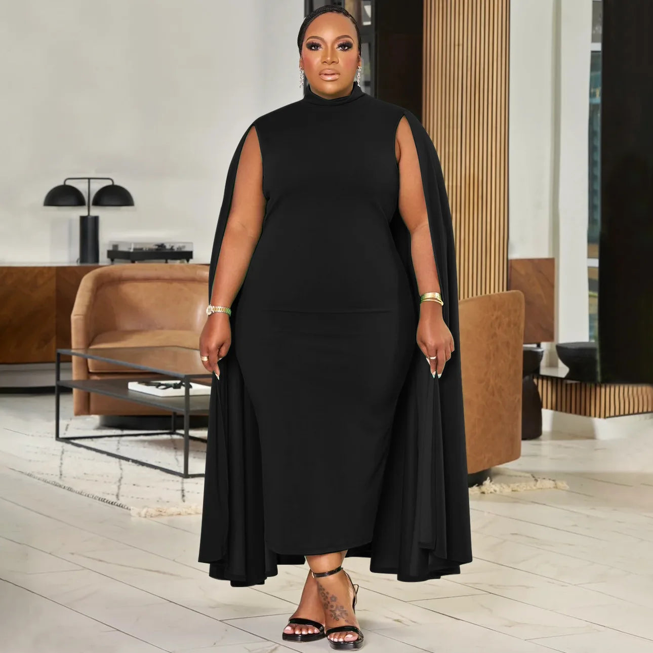 Maxy Plus Size Elegant Solid Women Dress Spring Long Cloak Sleeves Bodycon Party Dresses Oversized African Style Office Lady Vestidos